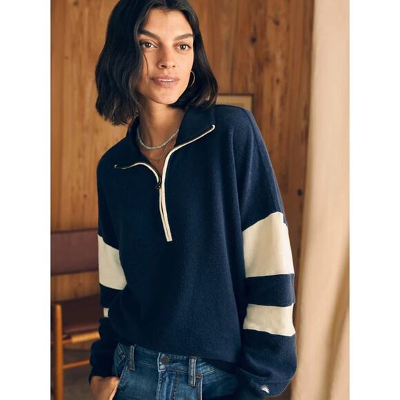 Faherty Beach Fleece Quarter Zip Sweatshirt Striped Jacket Navy Blue White - Picture 15 of 16